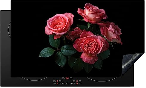 KitchenYeah© Herdabdeckplatte Einteilig Abdeckplatten Cerankochfeld | 90x52 cm - Abdeckung Ceranfeld Herdplattenabdeckung Induktionsmatte Rosen - Rosa - Blumen - Natur - Schwarz - Pink