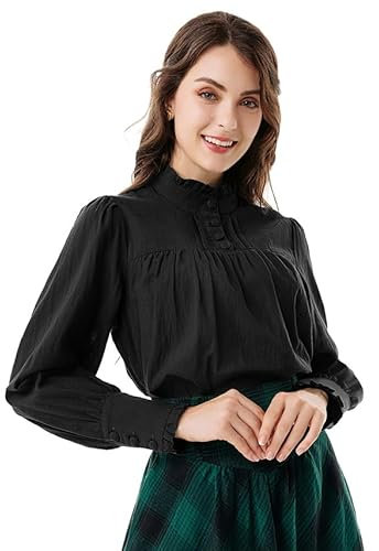 Scarlet Darkness Viktorianische Bluse für Damen, Baumwolle, langärmelig, Renaissance-Hemd, Schwarz, Groß