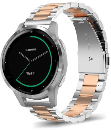 SumRioo 20 mm Strap for Garmin Vivoactive 5/3/3 Music/Venu/Venu 2 Plus/Sq/Sq Music/Sq2/Sq2 Music, Metal Stainless Steel Band for Garmin Forerunner 55/245/245 Music/645/645 Music, Silver/Rose Gold