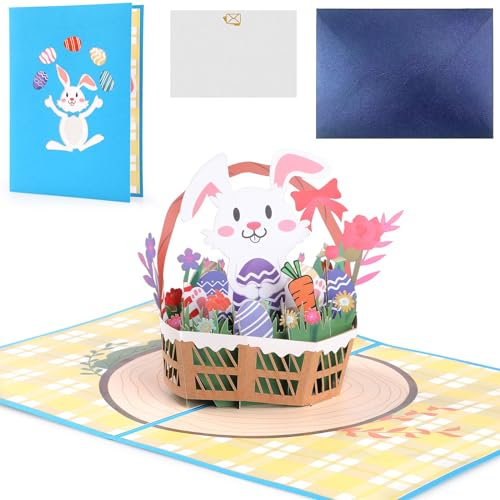 WD&CD Pop-Up Karte Ostern, Easter Grußkarten, Ostereier, Hase Blumen Karte 3D Pop Up Osterkarten mit Umschlägen, handgefertigte Grußkarten für Ostern