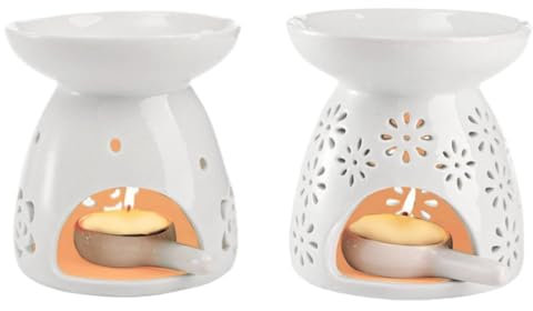 MEETOZ Set of 2 Ceramic Tealight Candle Holder, Tealight Wax Warmer with Candle Spoon, Essential Oil Burner Wax Melt Burners, Essential Oil Incense Aroma Diffuser Furnace Home Decoration Romantic
