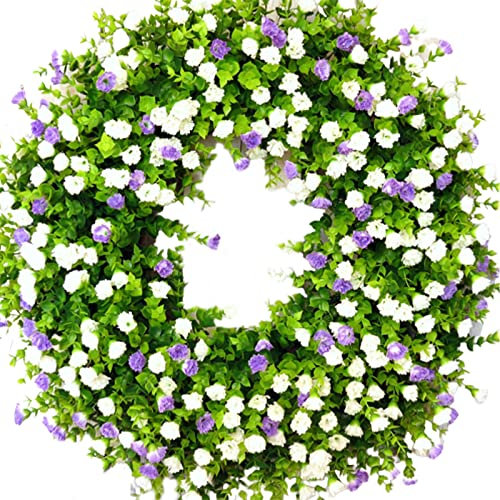 Frühlingskränze für die Haustür, 35Cm Großer Künstlicher Wildblumenkranz, Bunter Eukalyptus-Kranz, Sommerblumenkranz, Frühlings-Türkranz mit Grünen Blättern,(Weiße Lilatöne)