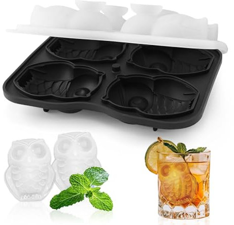 giteo bedding Large Ice Cube Tray, 3D Owl Ice Cube Mold Trays with 4 Cavity Clear Funnel-type Lid, Silicone Ice Trays for Freezer, Easy Release Ice Molds for Whiskey, Chilled Drinks, Cocktails (Owl)