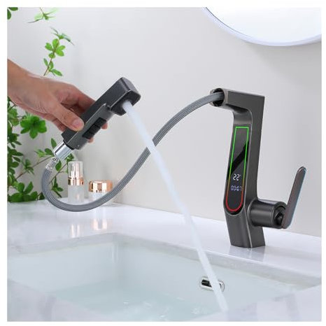 ESOP Mitigeur Lavabo Affichage Numérique LED Robinet Lavabo Gris Pistolet Robinet Cascade, Rétractable Robinet Salle de Bain 3 Fonctions Mitigeur Salle de Bain