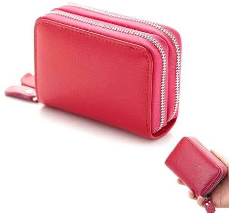 Klein Kreditkarten Geldbörse mit Münzfach, Mini Brieftasche Damen Doppelreißverschluss, Tragbare Kartenhalter Kleine Brieftasche Damen (Rosenrot)
