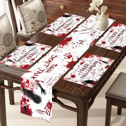 Lets Joy 1PCS Halloween Tischläufer + 4PCS Halloween Tischsets, Blutige Tischdecke, Halloween Blutige Tischläufer, Halloween Platzdeckchen Set, Halloween Party Tischdekorationen 180 x 30cm