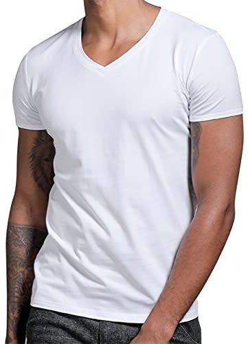 IQYU Camiseta para hombre con cuello de pico, corte ajustado, porcentaje de algodón, camiseta moderna de verano, cuello en V, sudadera de manga corta, suave, cómoda, camiseta de manga corta para