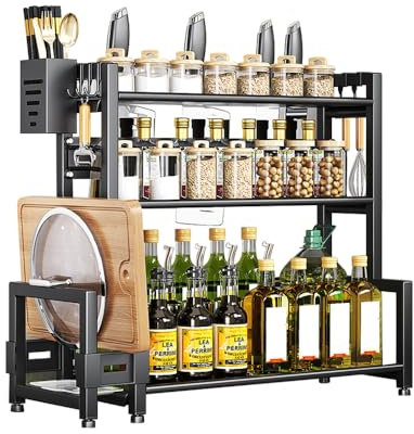 KYYGKY Organizador de Especias para Cocina, Estantería para Especias de 3 Niveles de Pie, Especieros para Cocina de Acero al Carbono con Soporte para Tabla de Cortar, Caja para Utensilios y 6 Ganchos