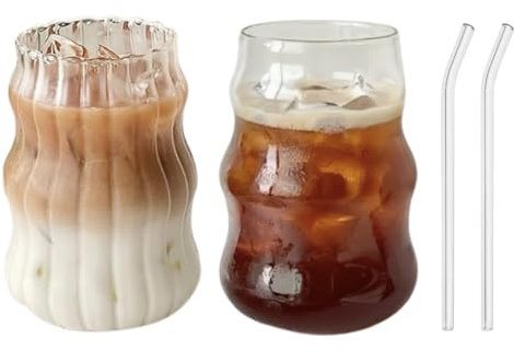 2 Pack 550ML and 2 Straws Iced Coffee Glasses, Bubble Drinking Glasses Tumblers Glass Cups Cute Wave Ripple Shaped Vintage Ribbed Glassware Cocktail, Water, Soda, Juice, Beer, Coffee
