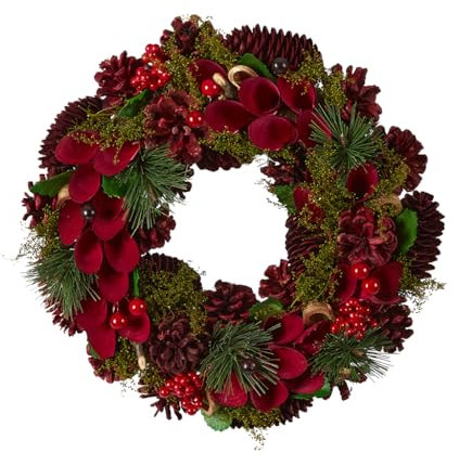 Christmas Wreath Red Pine Cone Front Door Wreath with Artificial Foliage, Red Wooden Flowers & Faux Berry Decorations Indoor/Outdoor Xmas Winter Wreath 12