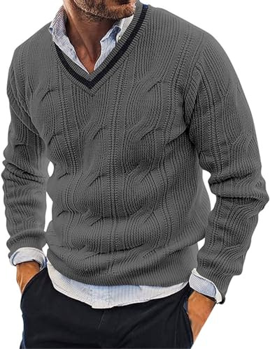 VYLYNL Men Knitted Jumpers, V Neck Knit Pullover Sweater, Cable Knitted Jumper, Thick Long Sleeve Knitwear Chunky Cricket Jumper Solid Color Work Jumpers Autumn Winter Warm Sweater Undershirts