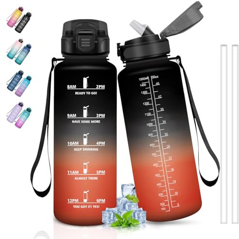 Gourde 1.5L, Gourde Sport avec Paille, Gourde Motivation anti Fuite, avec Marqueur de Temps, Gourdes de Camping et Randonnée, Facile à Nettoyer, Gourde Adulte pour Yoga, Running, Camping, Noir-Rouge