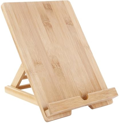 Support de tablette, support de livre réglable en bois, support de téléphone portable de bureau, support de livre de cuisine avec trou de charge pour livre de cuisine/tablette PC