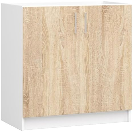 BDW - Küchenschrank - Schrank Küche mit Türen, Waschbeckenschrank - Schrank 80 cm breit, 82 cm hoch - Küchenschränke Einzeln, Küchenmöbel Einzelteile (Weiss/Eiche Sonoma)