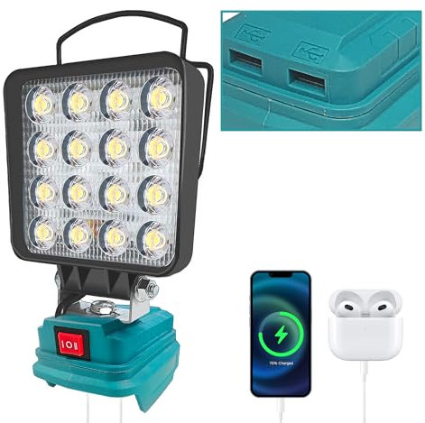 Akku Lampe für Makita 18V, 48W 4800LM Kabellose Arbeitsleuchte, 2 Modi LED Akku Strahler mit 2 USB-Aufladung, Tragbares Flutlicht für Baustelle, Camping, Notfälle, Autoreparaturen (kein Akku)