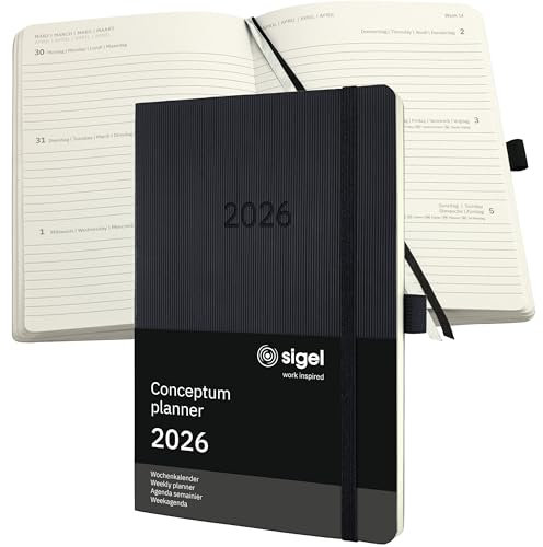 SIGEL C2622 Terminplaner Wochenkalender 2026, ca. A5, schwarz, Softcover, 192 Seiten, Gummiband, Stiftschlaufe, Archivtasche, aus nachhaltigem Papier, Kalenderbuch Conceptum
