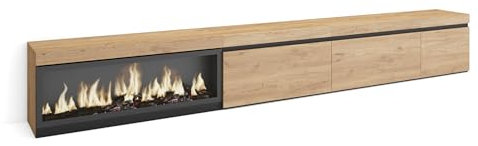 Skraut Home | Mobile TV Soggiorno | Ampio spazio a disposizione | 317x45x35 cm | Camino elettrico XXL | Stile moderno | Rovere