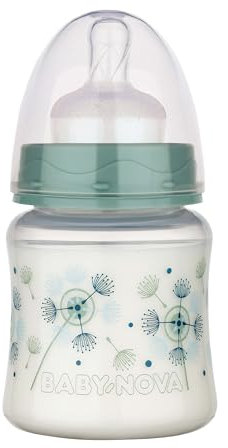 babynova Wide Neck Baby Bottle 150ml with Anti Colic Slow Flow Silicone Teat - Made in Germany - BPA-Free - Dandelion