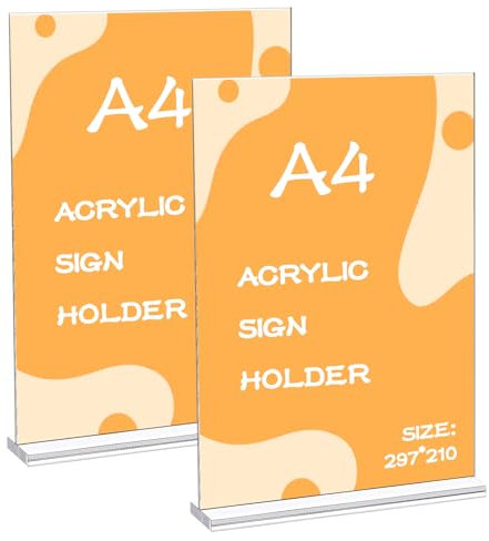 Lot de 2 Présentoirs de Table A4 en Acrylique – Support Vertical Double Face pour Étiquettes de Prix, Prospectus, Menus et Publicité, Présentoir Acrylique, Porte Affiche A4 (21 x 29,7 cm)