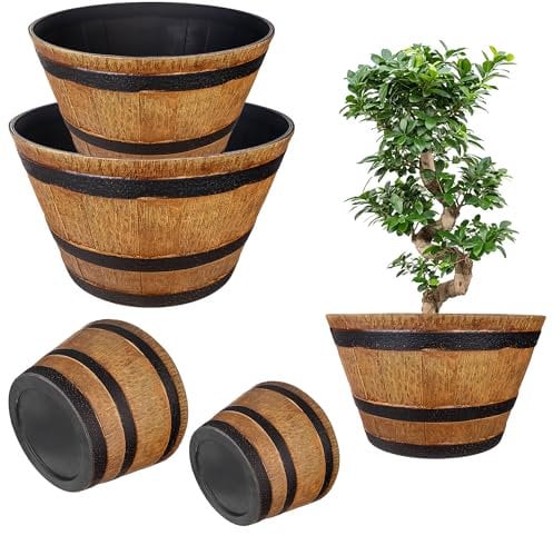 KADAX 2er Set Pflanztopf im Holzfass-Design, ø 40cm + 52.5cm, aus wetterfestem Kunststoff, für Garten, Terrasse & Balkon, dekorativer Blumentopf, Hellbraun/Schwarz, Teich mit Wassereimer
