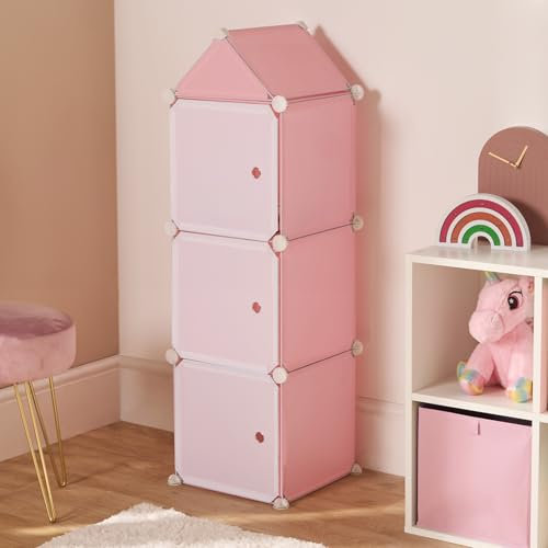 OHS 3 Cube Storage Unit with Doors for Kids, Storage Organiser Tower Fabric Shelves for Living Room Bedroom Girls Space-Saving Closet Cube Organiser, 139 x 34 x 31cm - Pink Castle
