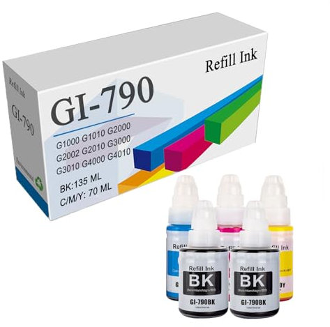 GI 790 GI-790 Ink Refill Bottles Compatible For Canon PIXMA G1000 G1010 G2000 G2002 G2010 G3000 G3010 G4000 G4010 Printers, Water Based Ink Refill Bottles,5 Colors-1 Set