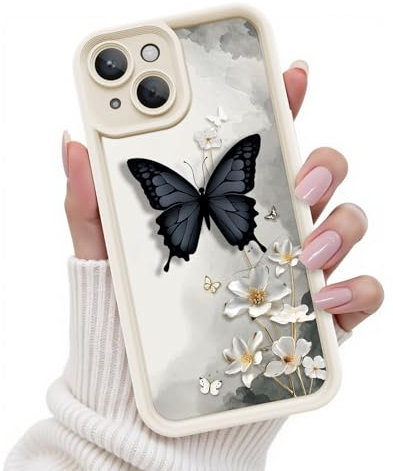 FUXICASE for iPhone 13 Case, Creative Butterfly Pattern Design for Girl Women, Soft Silicone Shockproof Anti-Scratch Protection Phone Cover for iPhone 13 (3D Black Butterfly)