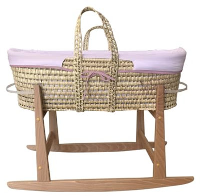 Couffin en osier naturel pour bébé avec base en bois - Fait à la main - Matelas inclus - Style nordique à rayures roses