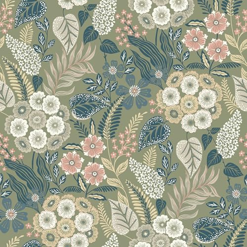 Grandeco Alice Retro Mid Century Floral Textured Wallpaper, Blue Green