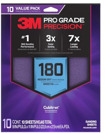 3M Pro Grade Precision Sanding Sheets with No-Slip Grip, 9 x 11 in, 180 Grit, 10-Pack (SHR180-PGP-10T)