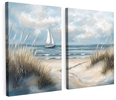 MuchoWow© Leinwand 2 Teilig Deko Schlafzimmer Aesthetic Mehrteilige | 100x70 cm - Wandbilder Gemälde Foto Living Room Decoration Wandbild-set Strand - Farbe - Natur - Boot