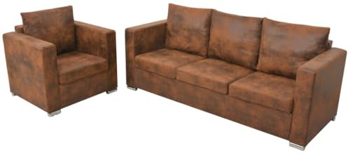 HETFTJN Sofagarnitur 2 TLG. Kunstleder Braun 191 x 73 x 82 cm mit Sessel, Vintage Look, Moderne Couch für Wohnzimmer, Lounge & Büro