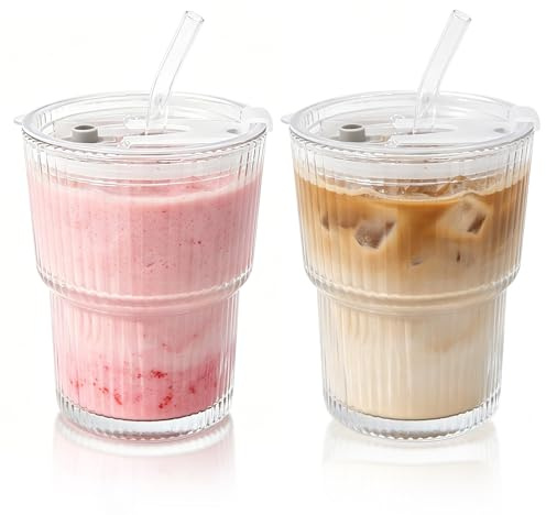 YHSKJCD 2 Pack 380ml Glass Tumbler with Lids and Straws - Ribbed Iced Coffee Cups, Clear Reusable Leakproof Drinking Glasses for Smoothies, Latte, Matcha, Beer, Cola, Juice, Soda, Cold Drinks