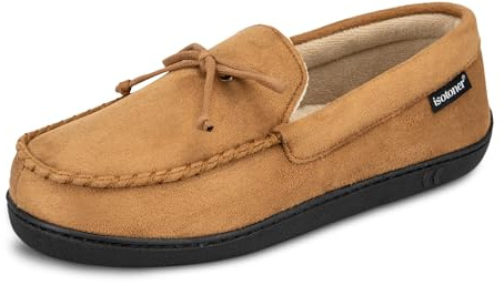 Indoor/Outdoor Microsuede Moccasin Slippers with Memory Foam Comfort and Arch Support