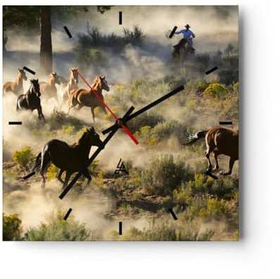 Modern Wanduhr Cowboy Cowgirl Pferd 40x40cm Quadrat Groß Wand Uhr Glas Analog Zimmeruhren Küche Büro Wohnzimmer Glasuhr Wall Clock Dekoration Design Wanddekoration Küchenuhr C3AC40x40-2201