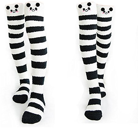 Binoster Netter Schaf Schenkel-hohe lange gestreifte Socken-Korallenrote Vlies-warme weiche über Kniestrümpfe, Frauen und Mädchen (Panda)