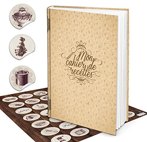 Grand Livre de Recettes XXL + 35 Autocollants / Stickers Vintage Carnet Cahier Cuisine Format A4 164 pages blanches sans lignes Table des Matières incl. Cadeau pour Maman Mamie Soeur Chef ou Amateur