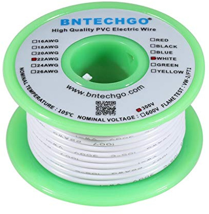 BNTECHGO 22 AWG 1007 Electric wire 22 Gauge PVC 1007 Wire Solid Wire Hook Up Wire 300V Solid Tinned Copper Wire White 25 ft Per Reel For DIY