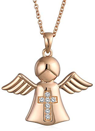 Bling Jewelry Petite Croix Religieuse Avec Accent En CZ Collier Ange Gardien Pour Femmes Plaqué Or Rose .925 Argent Sterling