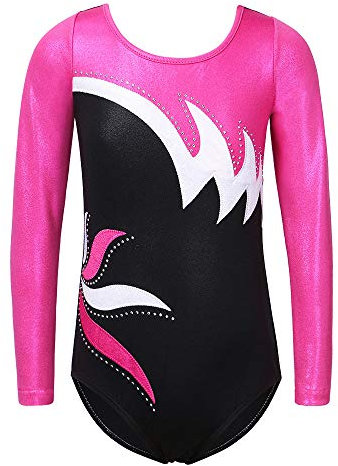 ZNYUNE Kinder Gymnastik Trikot Klassisch Gymnastikanzug Langarm für Mädchen 197 BlackHotPink 8A