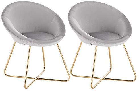 WOLTU Esszimmerstühle 2er Set Küchenstuhl Polsterstuhl Skandinavisch Design Wohnzimmerstuhl Sessel Schminktisch Stuhl, Sitzfläche aus Samt, Goldene Metallbeine, Hellgrau BH217hgr-2