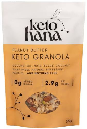 Keto Hana Peanut Butter Keto Granola Keto Diet Vegan Grain Free Dairy Free Plant Based No Refined Sugars Gluten Free 1.2g Net Carbs Breakfast Cereal - 4 Bags of 300gr/0.6lbs