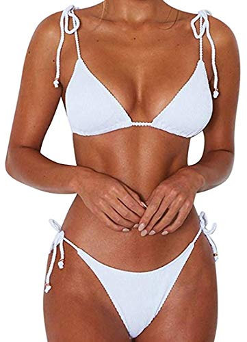 CheChury Femmes Maillot De Bain Deux pièces Ficelle de Cravate Halter Bikini Rembourré Réglable Triangle Bikini Classique Push-Up Brésilien,Blanc,S