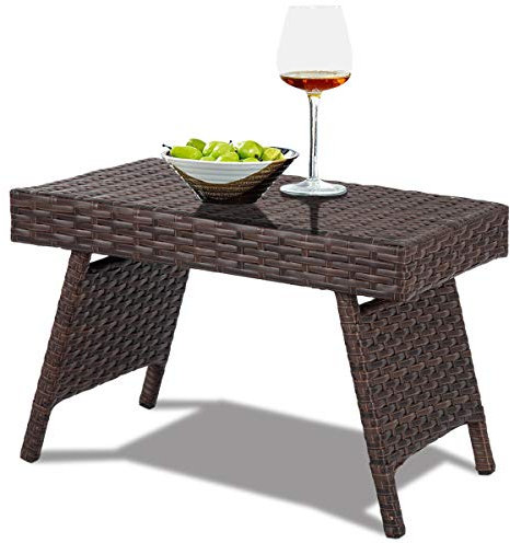 DREAMADE Rattantisch Ablagetisch mit Ablageflach, Beistelltisch Klappbar, Gartentisch Kaffeetisch Sofatisch Braun, Poly Rattan Pflegetisch Klapptisch für Balkon Garten Camping