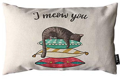 EKOBLA Dekokissenbezug I Meow You Cat Aquarell Sleepy Tier Bunte Kissen Süßer Welpe Haustier Rechteckig Wurfkissen Bezüge für Couch Sofa Home Decor Baumwolle Leinen 30,5 x 50,8 cm