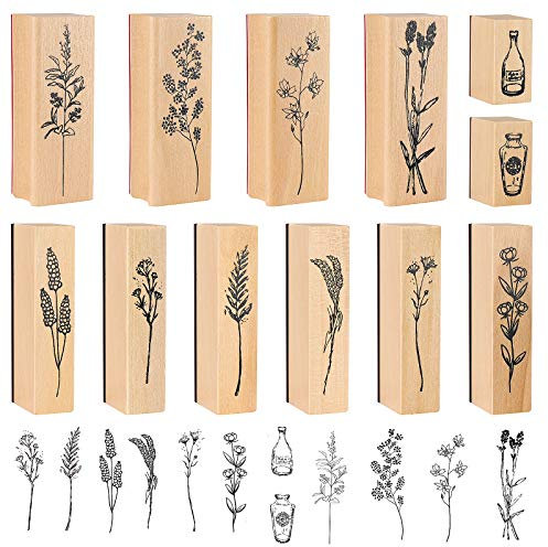 Meetory 12 Stück Holzstempel Set, Pflanzen Blumen Vintage Stempel Holz, Natürliche Pflanze Seal Set für Scrapbooking, Tagebücher, Crafts DIY Karten