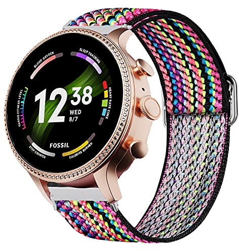 Giaogor Compatible for Fossil Gen 6 Band, Stretch Elastics Nylon Adjustable Replacement Strap Accessories Compatible for Fossil Gen 6 42mm / 44mm Smartwatch (Boho Rainbow, 42mm case Women)