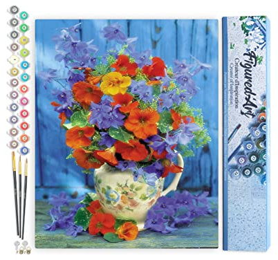 Figured'Art Malen Nach Zahlen Erwachsene Blumenstrauß in Orange und Lila - Paint by Numbers Basteln DIY Bastelset 40x50cm ohne Holzrahmen