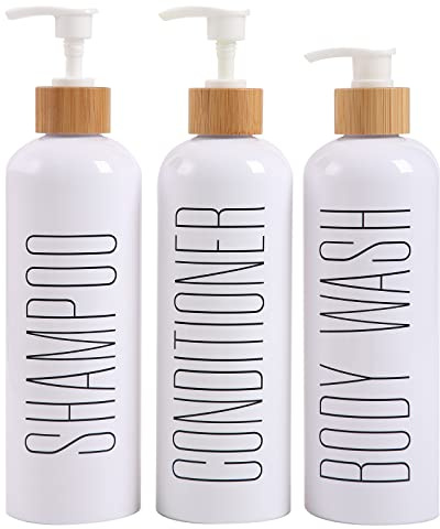 HOMCDALY Shampoo and Conditioner Dispenser, 16oz 3-Pack Refillable Shampoo and Conditioner Bottles, Empty Shampoo Bottles Refillable with Bamboo Pump, Bathroom Shower Shampoo Dispenser Set