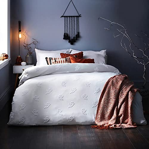 furn. Ghost Tufted Halloween Duvet Cover Set - 100% Cotton Bedding (White - Super King)